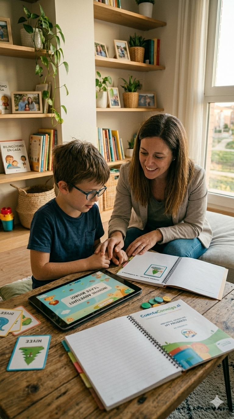Profesora enseña inglés de forma individual a un niño de 10 años en un salón de Cuarte de Huerva con el método CuentaConmigo
